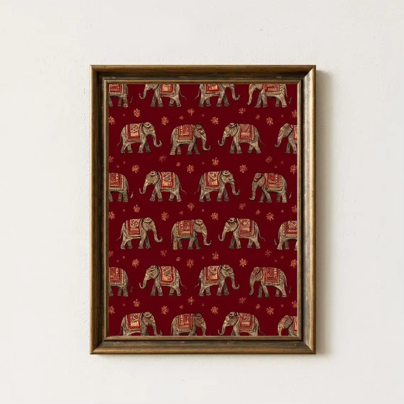 Interior Design Studio - Indian Elephant Pattern Print, Red Textile