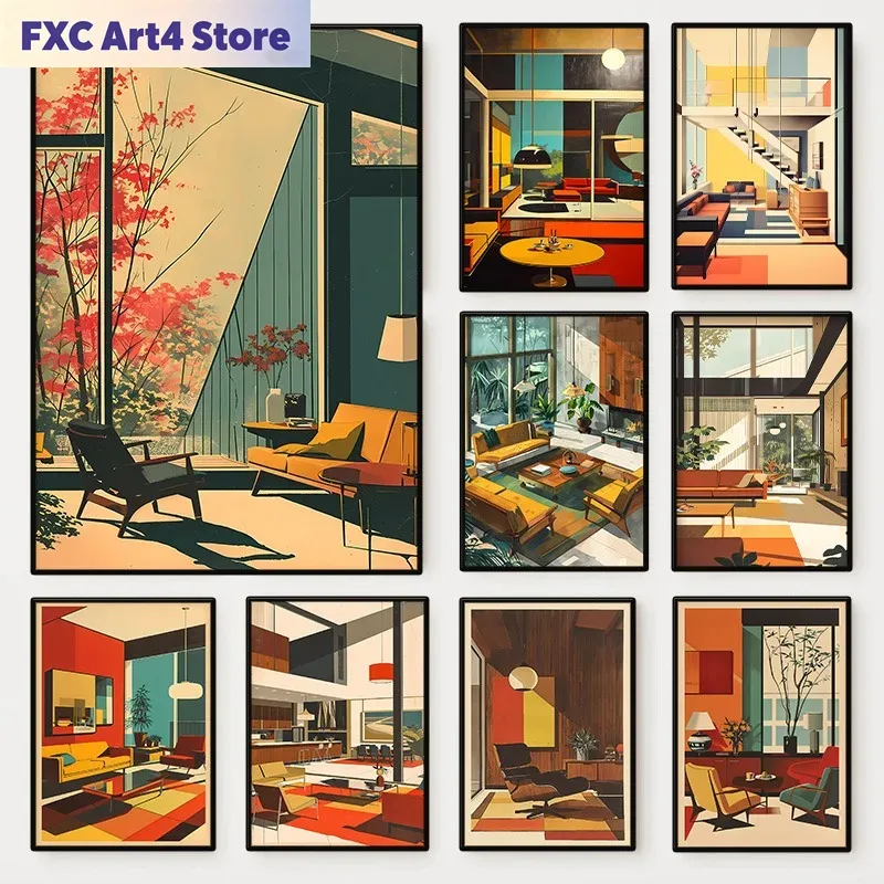 Interior Design Studio - Frameless Vintage Interior Architectural Poster Mid